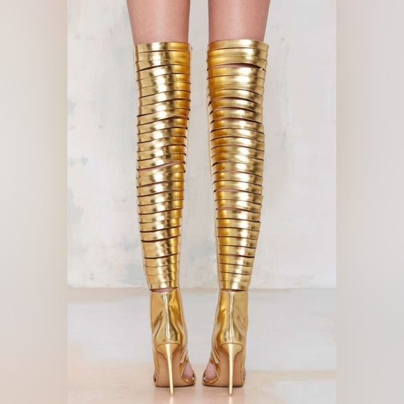 Jeffrey Campbell Gold Knee-High Gladiator Heels - Women's Metallic Strappy Boots - Picture 2 of 3